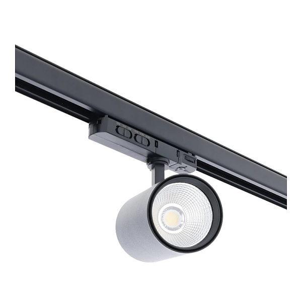 Zwarte 3-fase railspot LS-TR3F02R gemonteerd op zwarte 3-fase rail